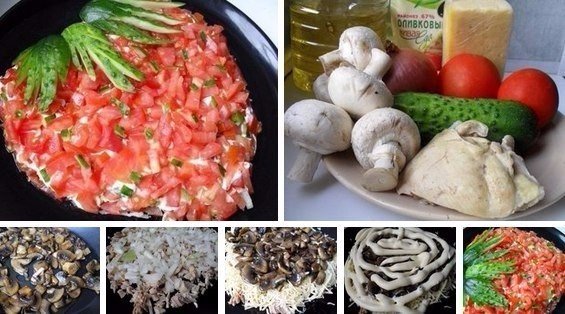 Салат Клубничка Ингредиенты:1. Отварное куриное филе 250-300 г2. Шампиньоны 200 г3. Помидоры 300 г4. Репчатый лук 1 шт.5. Твердый сыр 150 г6. Огурец 1 шт.7. Растительное масло для жарки 2-3